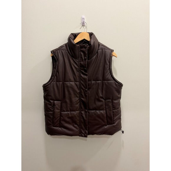 Jackets & Blazers - Miss Selfie Women's L Brown Faux Leather Puffer Vest Y2K Streetwear